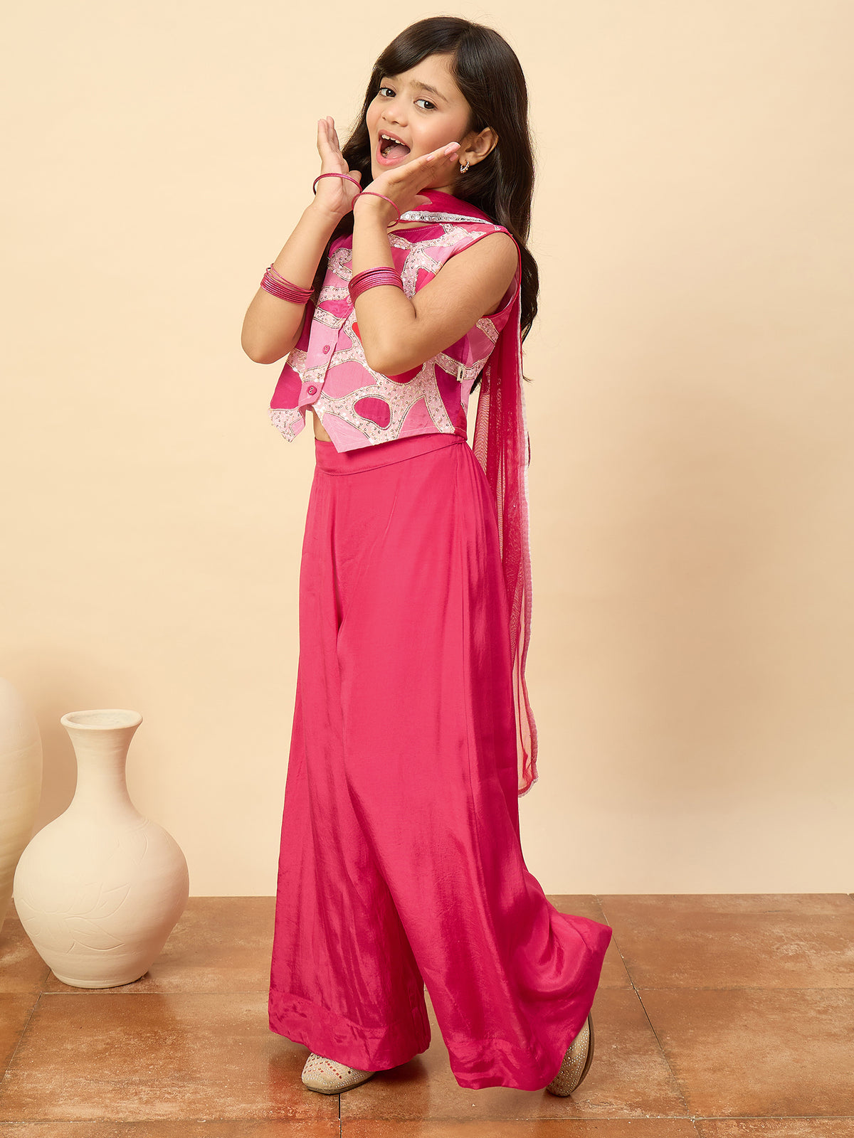 Girls Waist Length Embroidery Top With Pants - Magenta