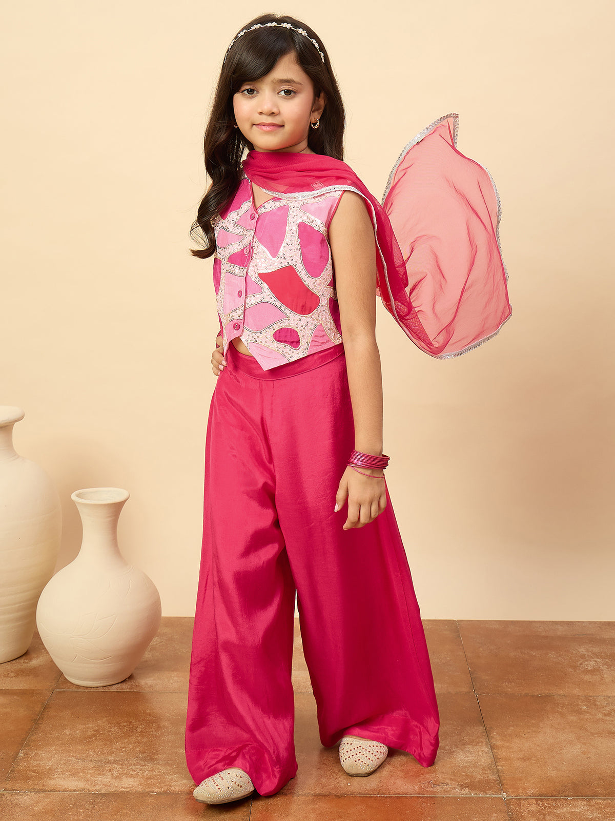 Girls Waist Length Embroidery Top With Pants - Magenta