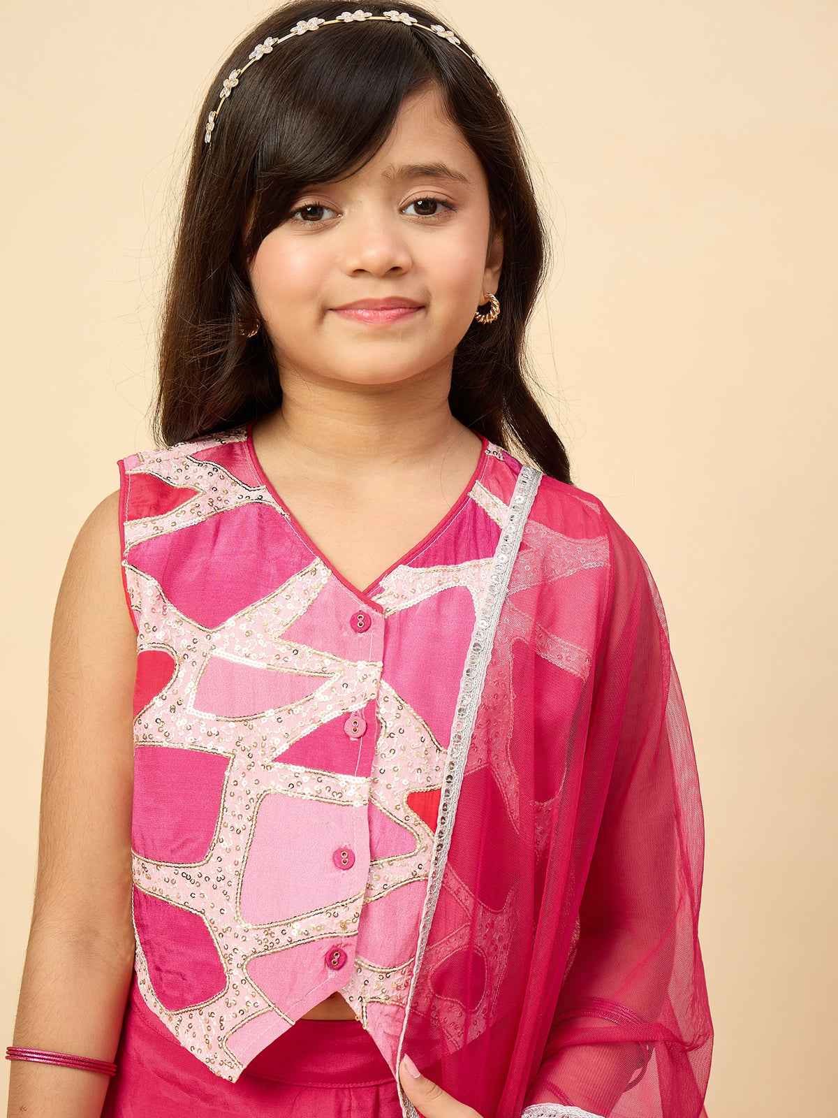 Girls Waist Length Embroidery Top With Pants - Magenta