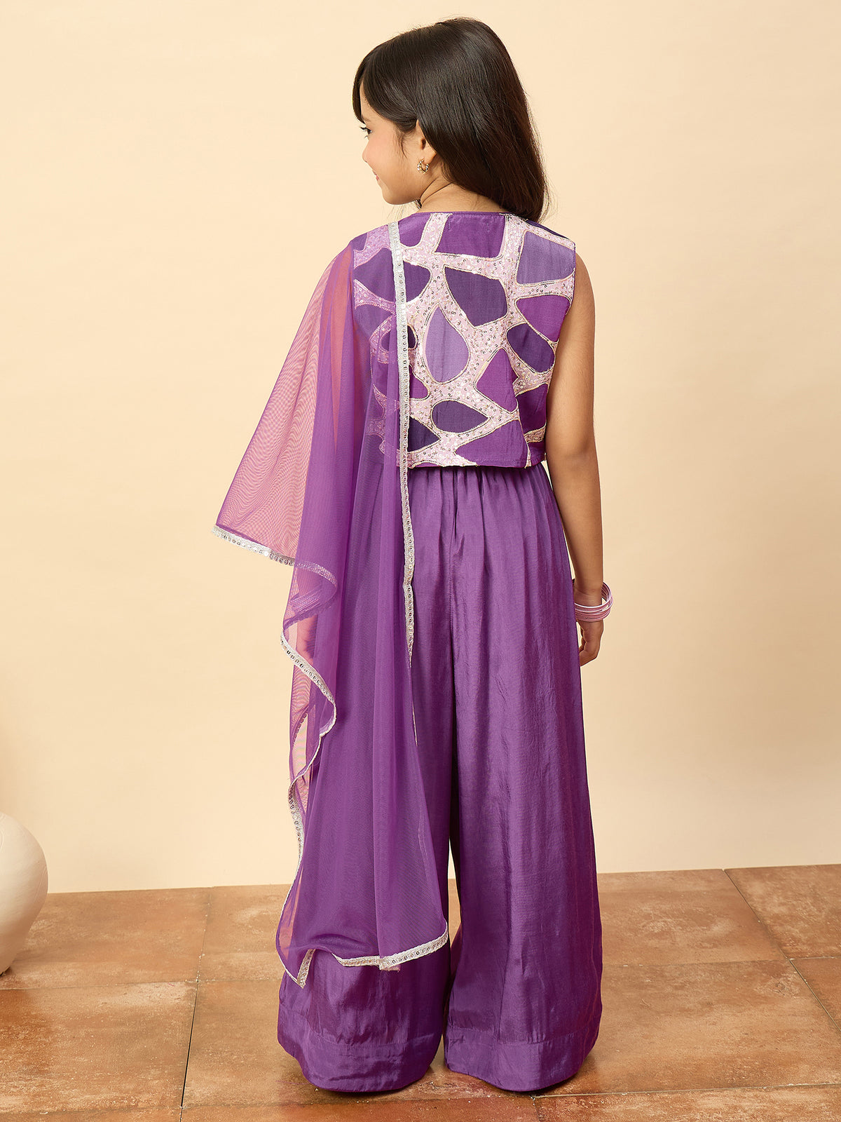 Girls Waist Length Embroidery Top With Pants - Purple