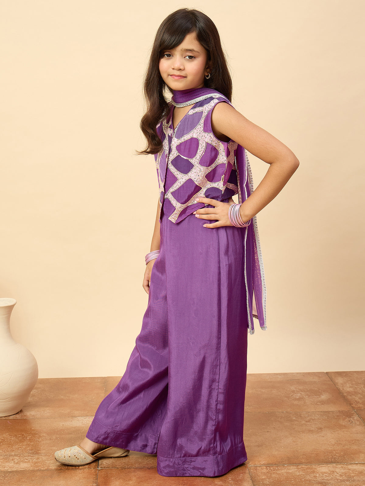 Girls Waist Length Embroidery Top With Pants - Purple