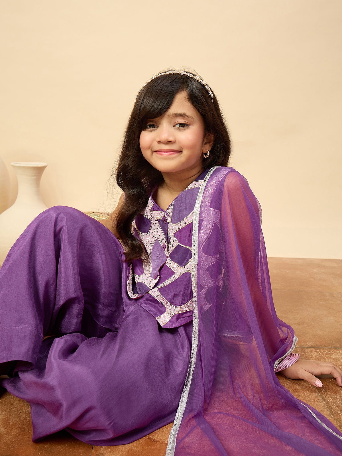 Girls Waist Length Embroidery Top With Pants - Purple