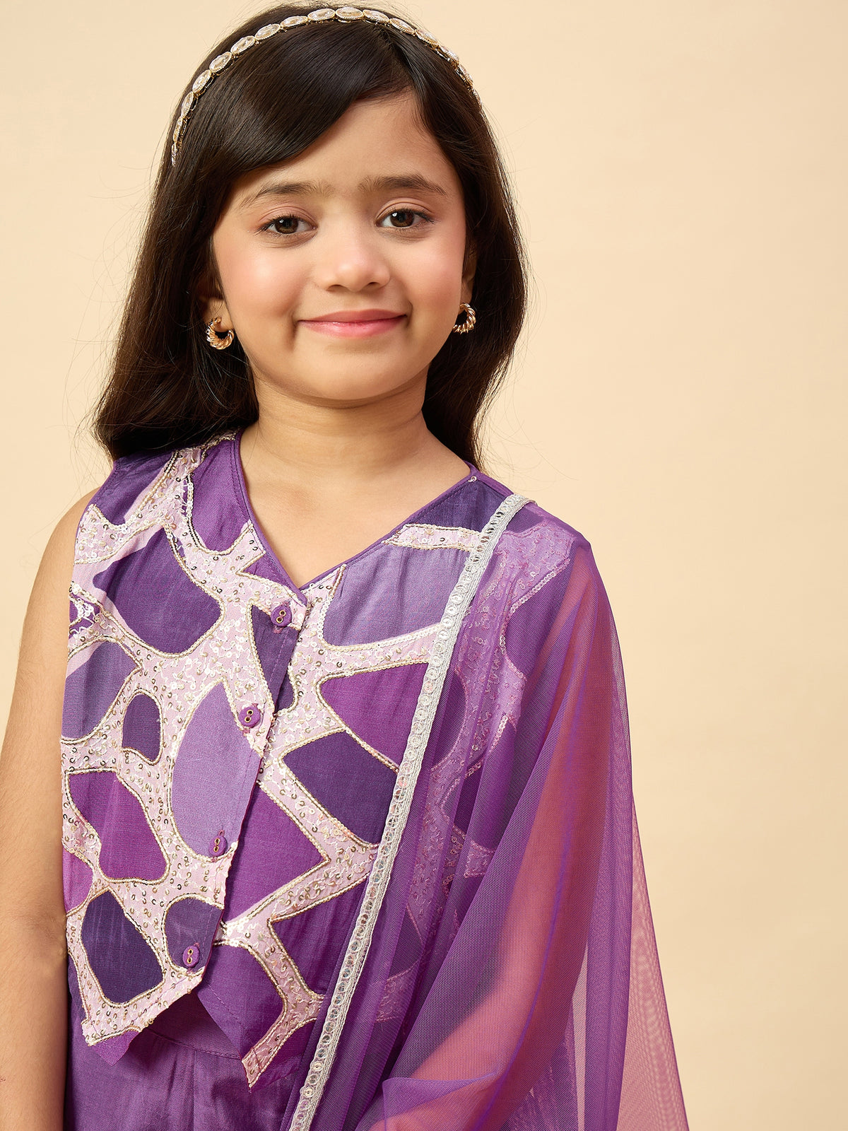 Girls Waist Length Embroidery Top With Pants - Purple