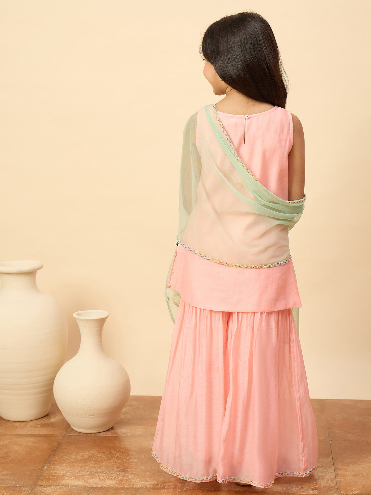 Girls Above Knee Embroidery Kurti Set - Peach