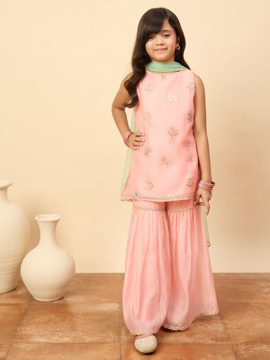Girls Above Knee Embroidery Kurti Set - Peach