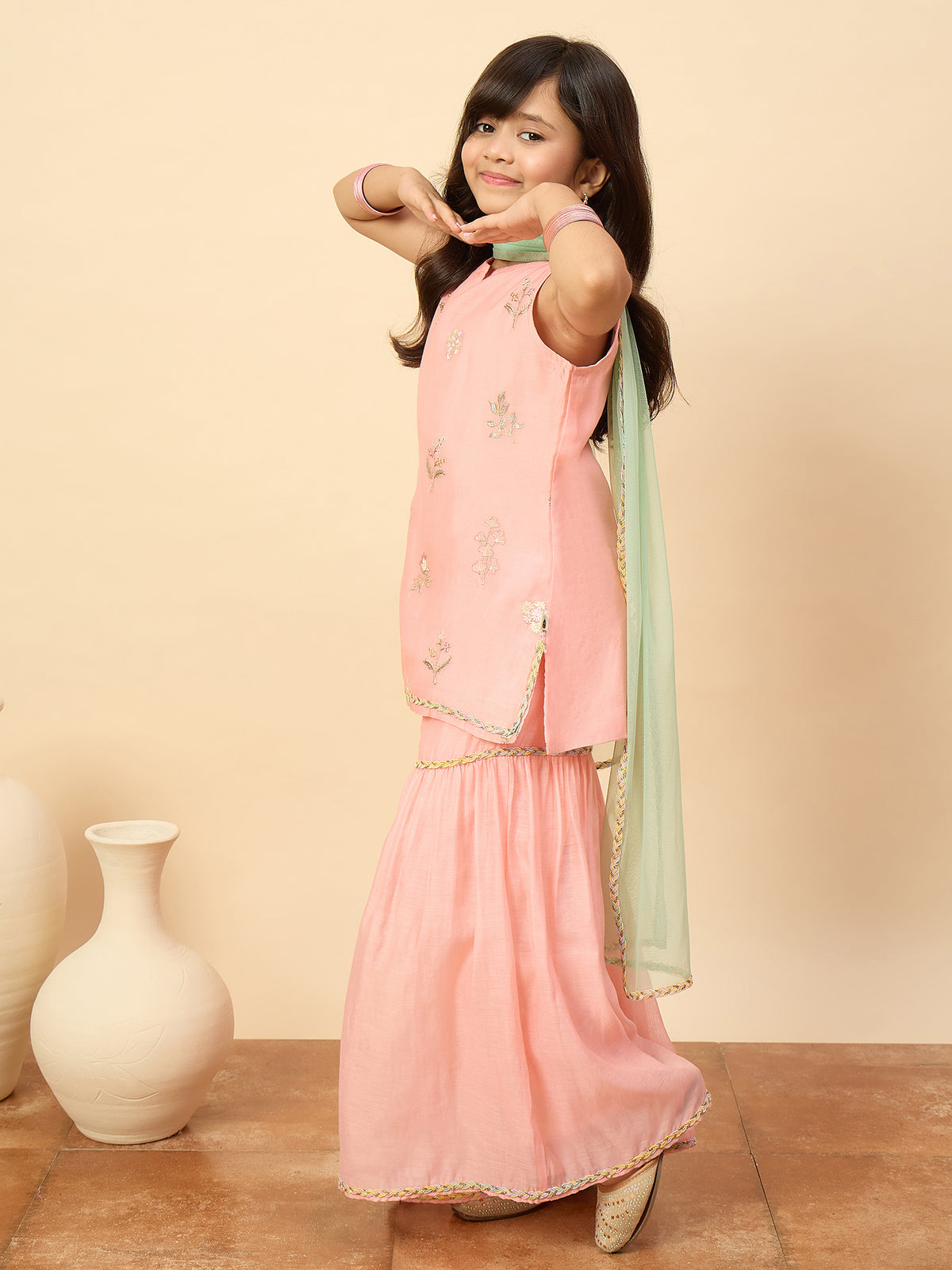 Girls Above Knee Embroidery Kurti Set - Peach