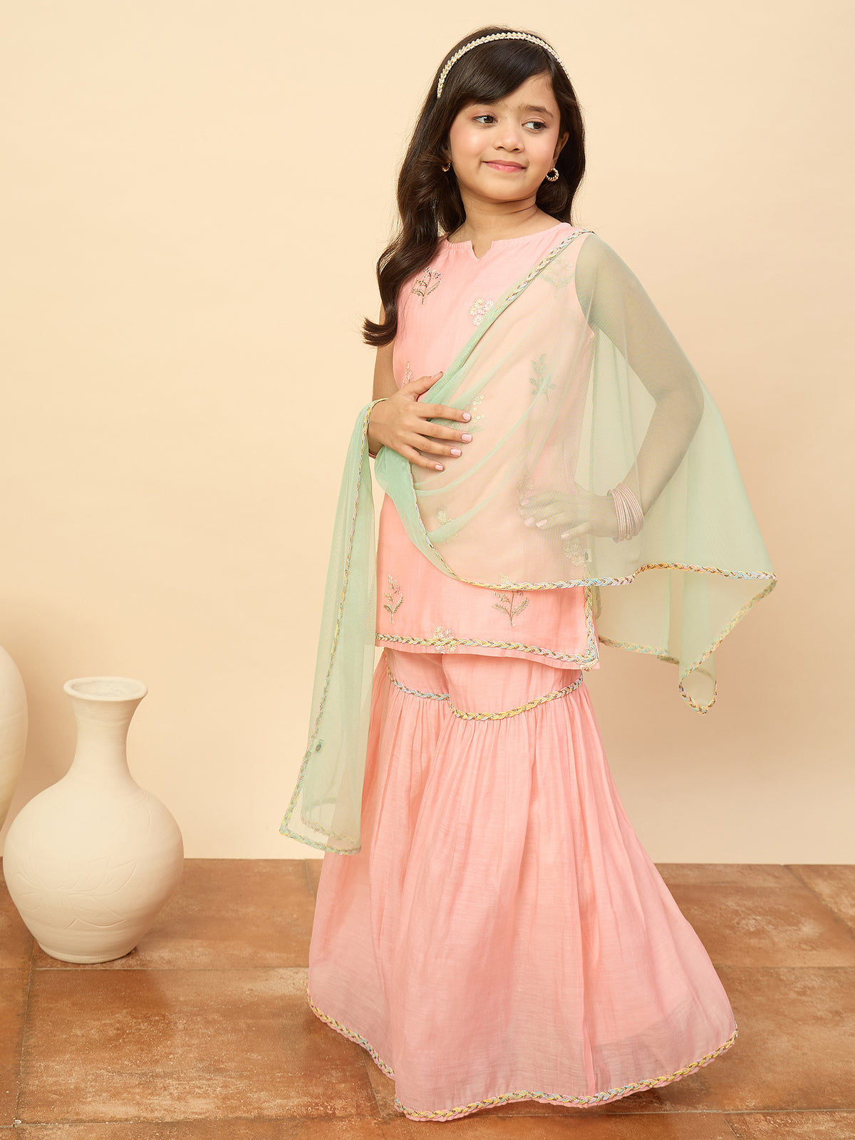Girls Above Knee Embroidery Kurti Set - Peach