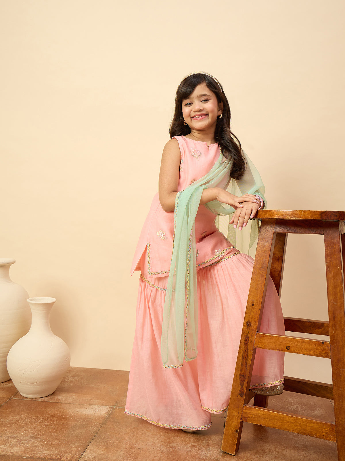 Girls Above Knee Embroidery Kurti Set - Peach