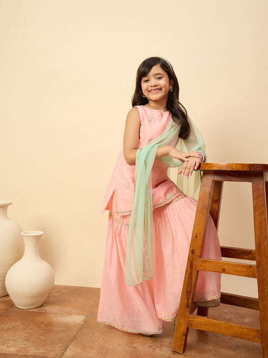 Girls Above Knee Embroidery Kurti Set - Peach