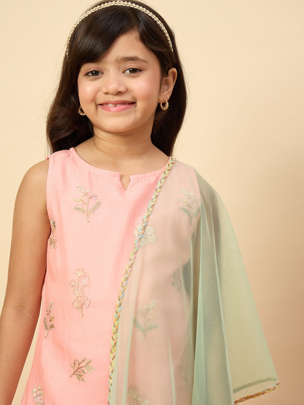 Girls Above Knee Embroidery Kurti Set - Peach