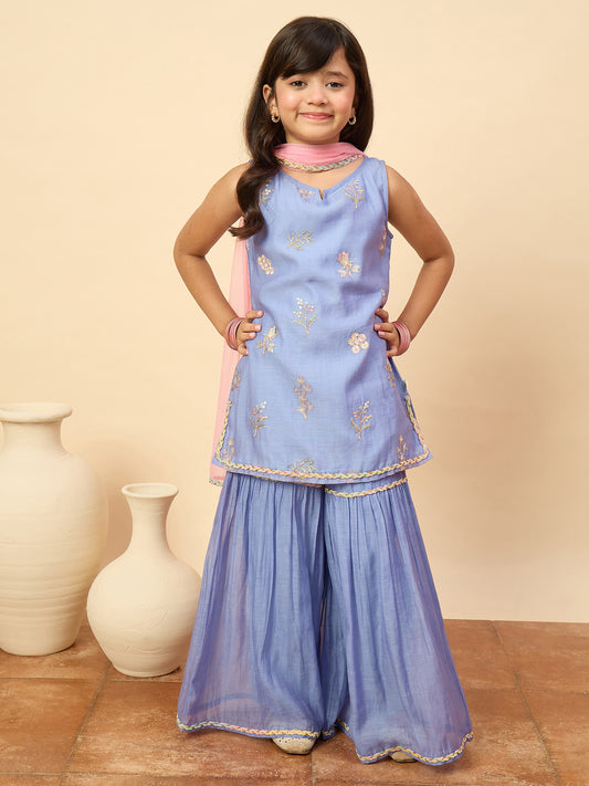 Girls Above Knee Embroidery Kurti Set - Blue
