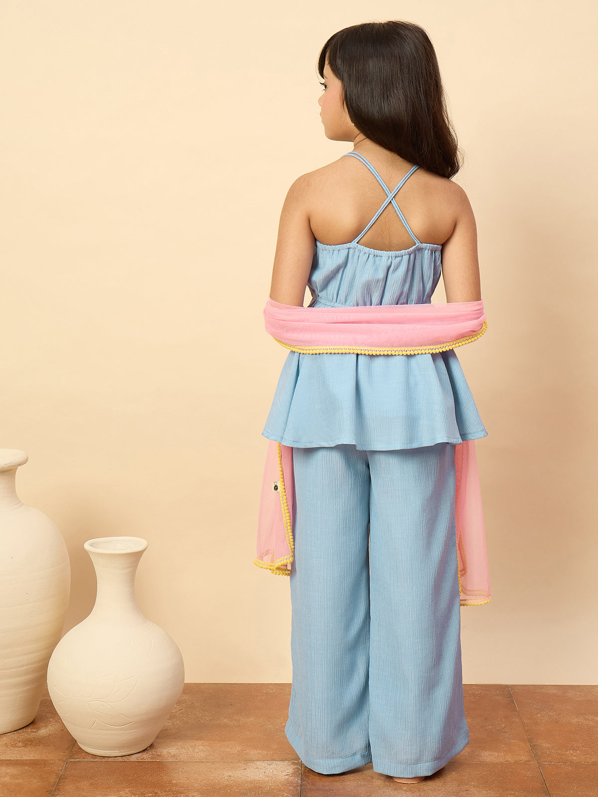 Girls Hip Length Embroidery Kurti Set - Blue