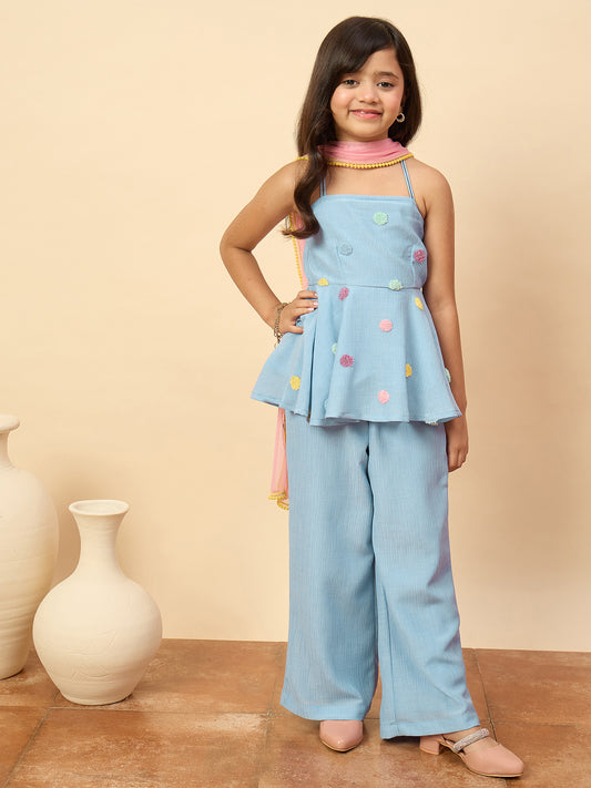 Girls Hip Length Embroidery Kurti Set - Blue