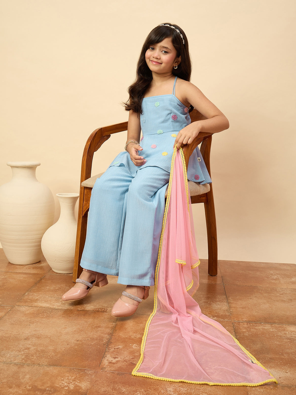 Girls Hip Length Embroidery Kurti Set - Blue