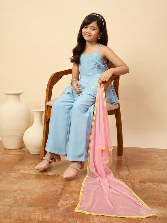 Girls Hip Length Embroidery Kurti Set - Blue