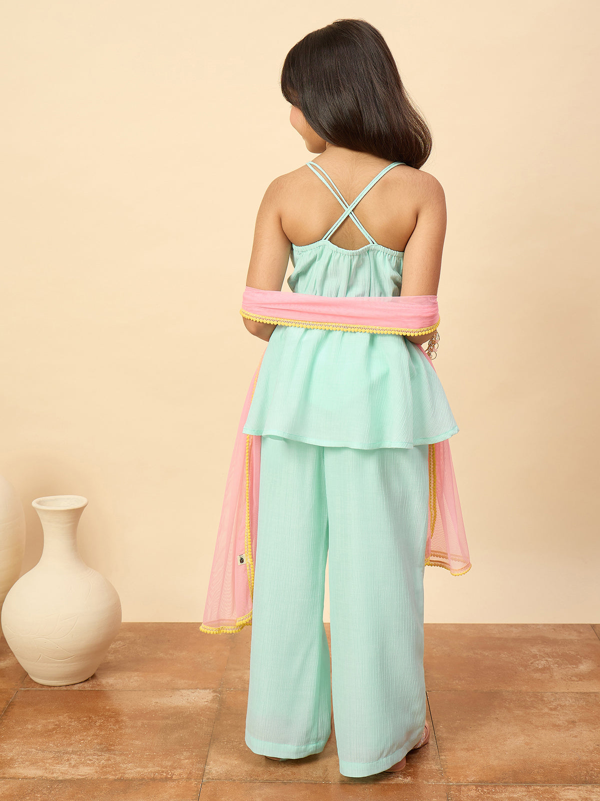Girls Hip Length Embroidery Kurti Set - Turquoise Blue