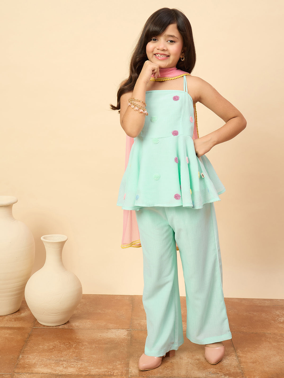 Girls Hip Length Embroidery Kurti Set - Turquoise Blue