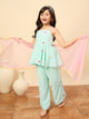 Girls Hip Length Embroidery Kurti Set - Turquoise Blue