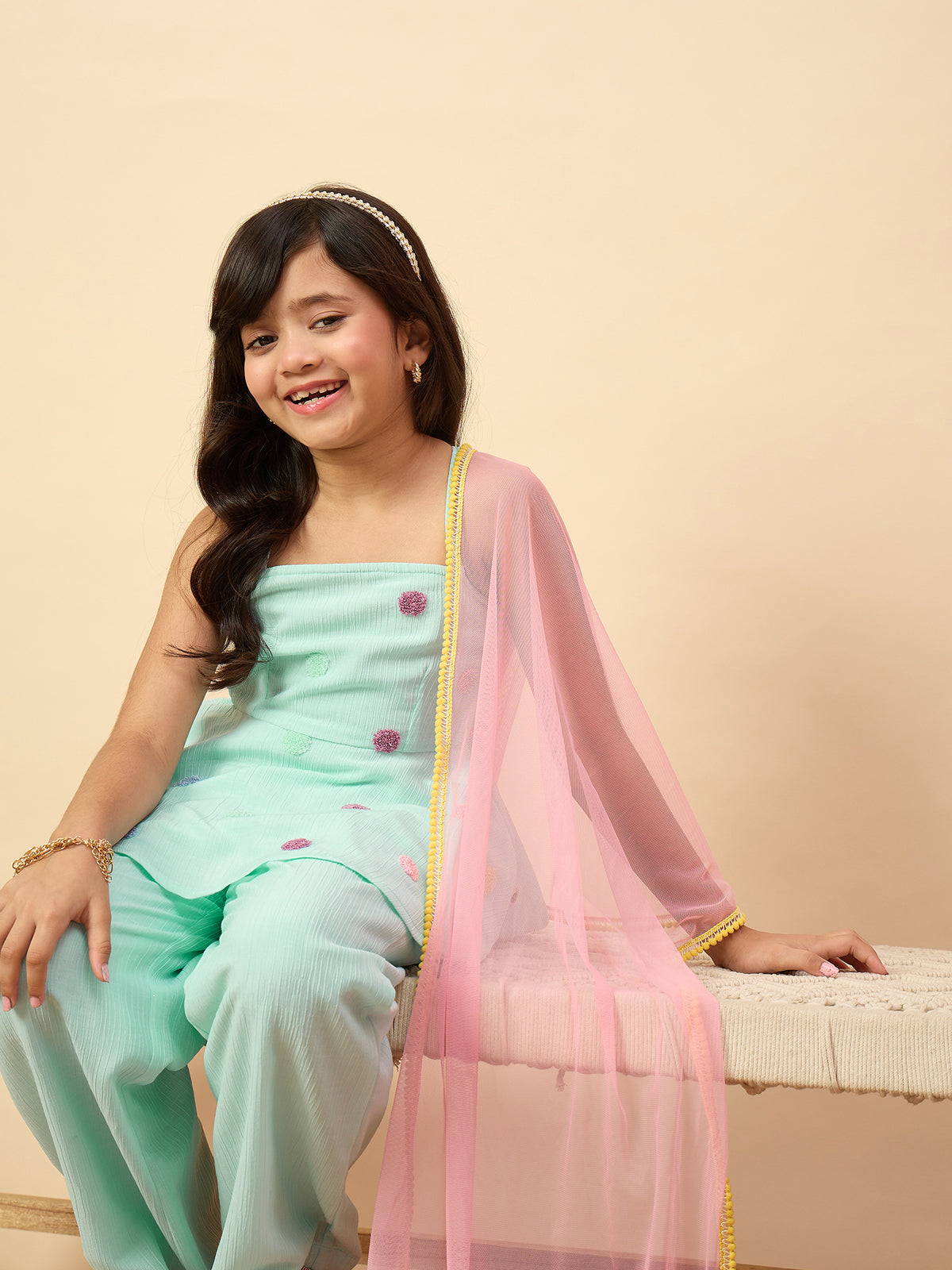 Girls Hip Length Embroidery Kurti Set - Turquoise Blue