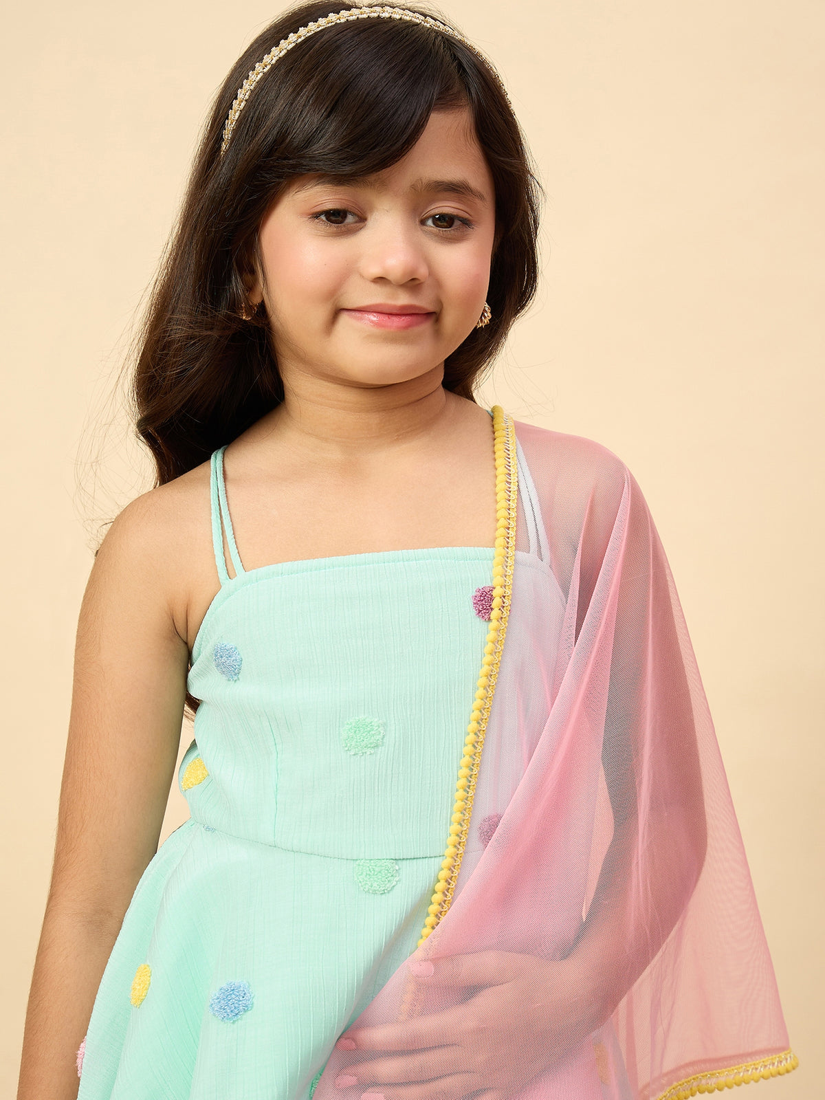 Girls Hip Length Embroidery Kurti Set - Turquoise Blue