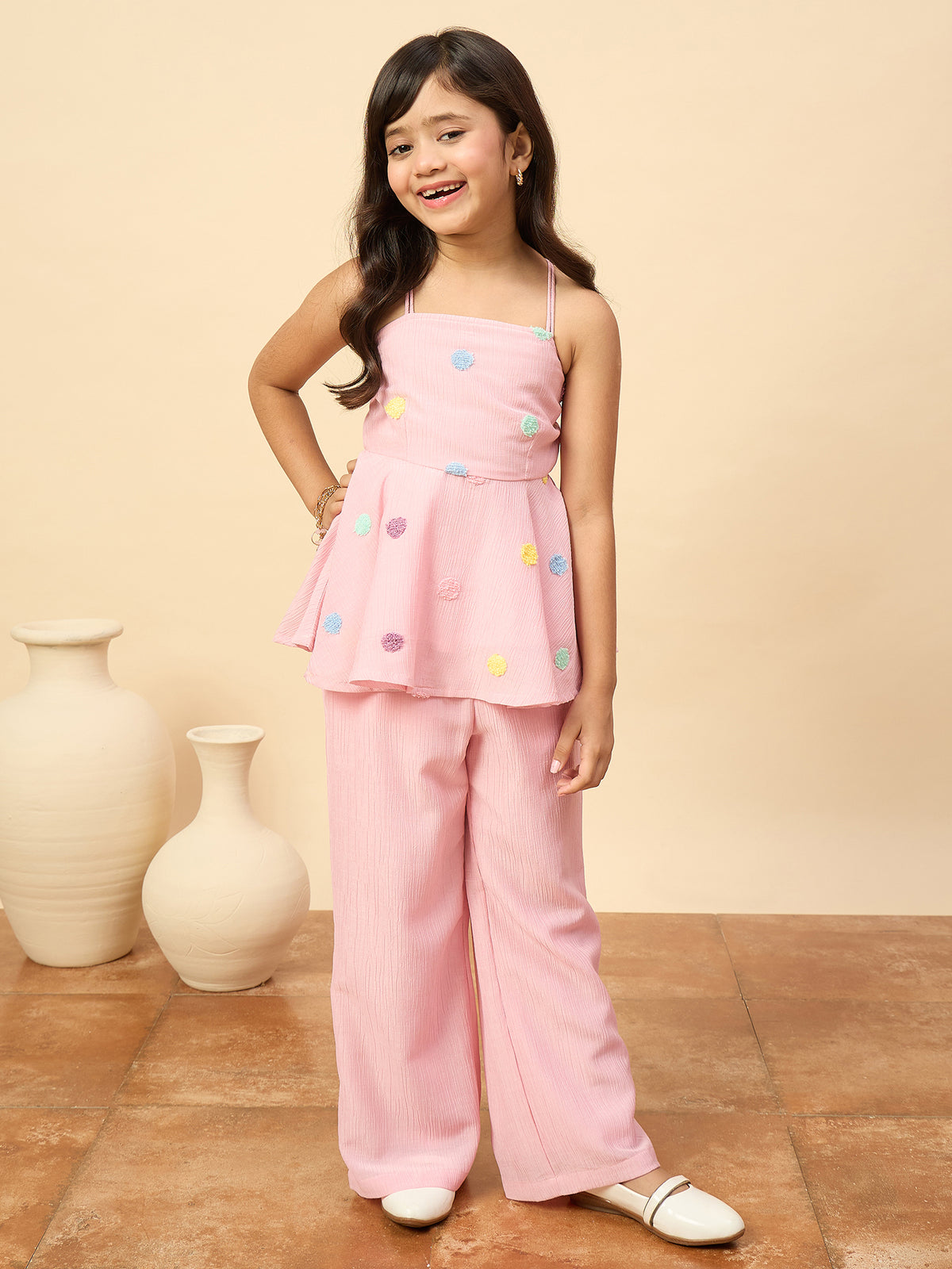 Girls Hip Length Embroidery Kurti Set - Pink