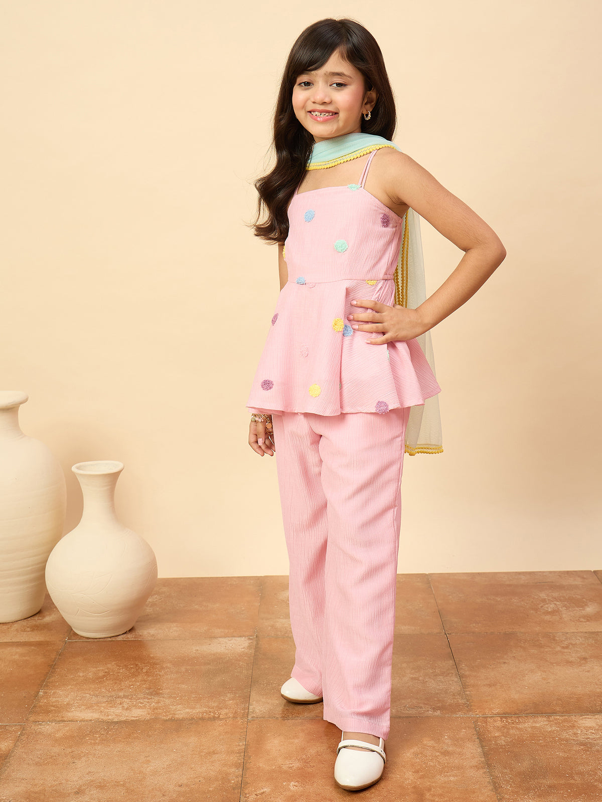 Girls Hip Length Embroidery Kurti Set - Pink