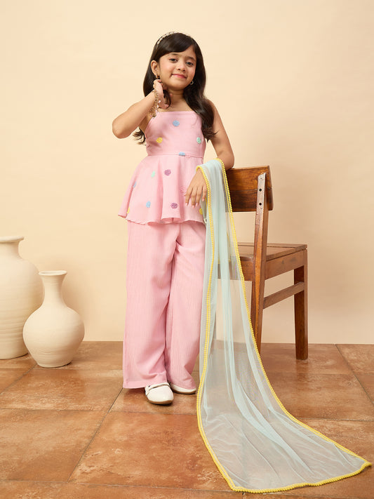Girls Hip Length Embroidery Kurti Set - Pink