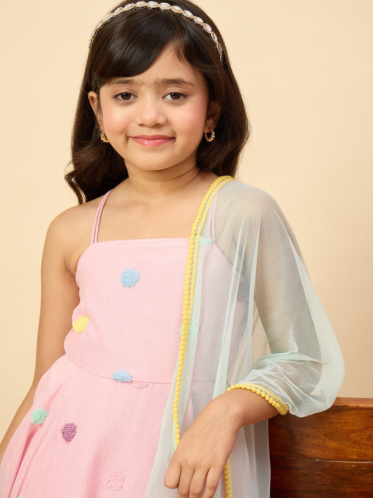 Girls Hip Length Embroidery Kurti Set - Pink