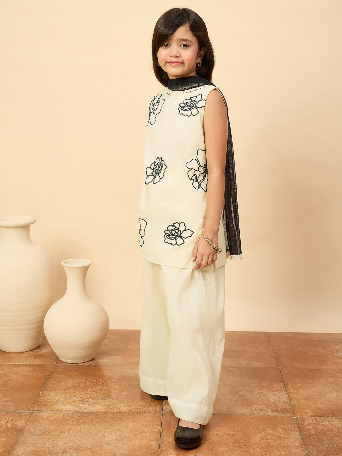 Girls Above Knee Embroidery Kurti Set - Off-White