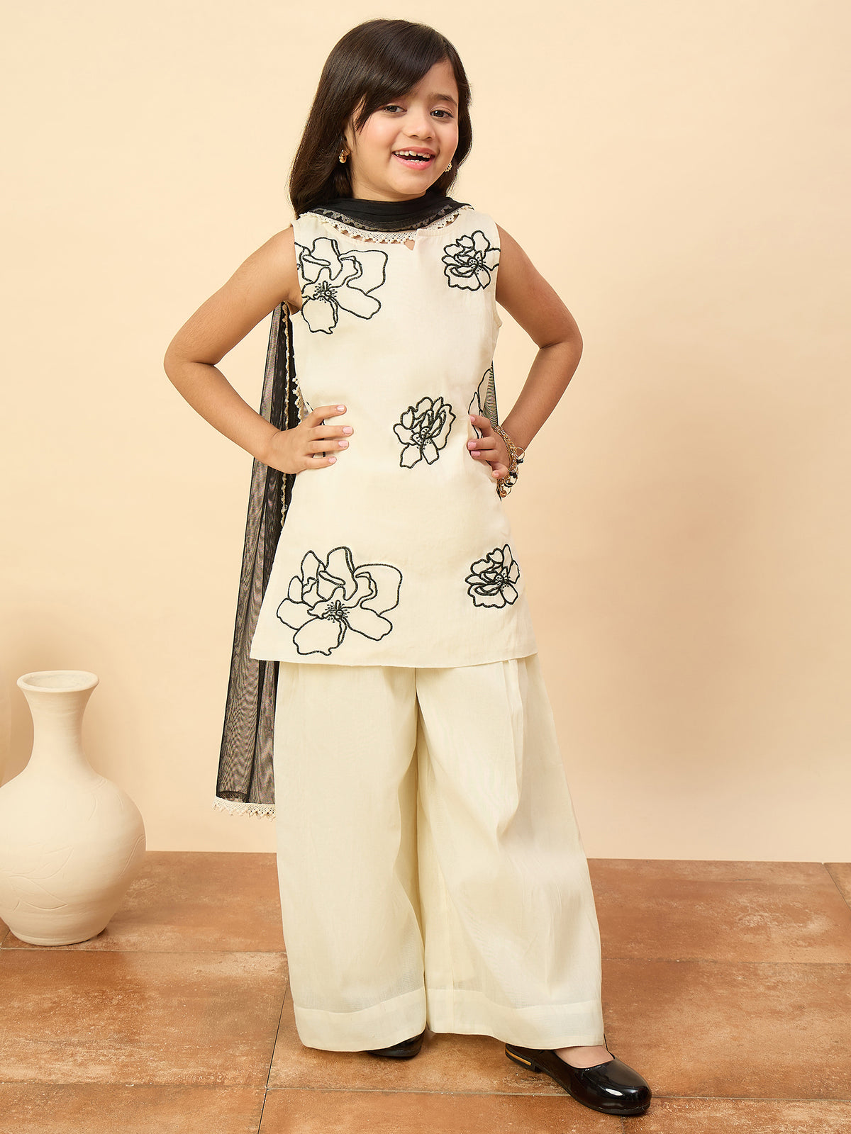 Girls Above Knee Embroidery Kurti Set - Off-White