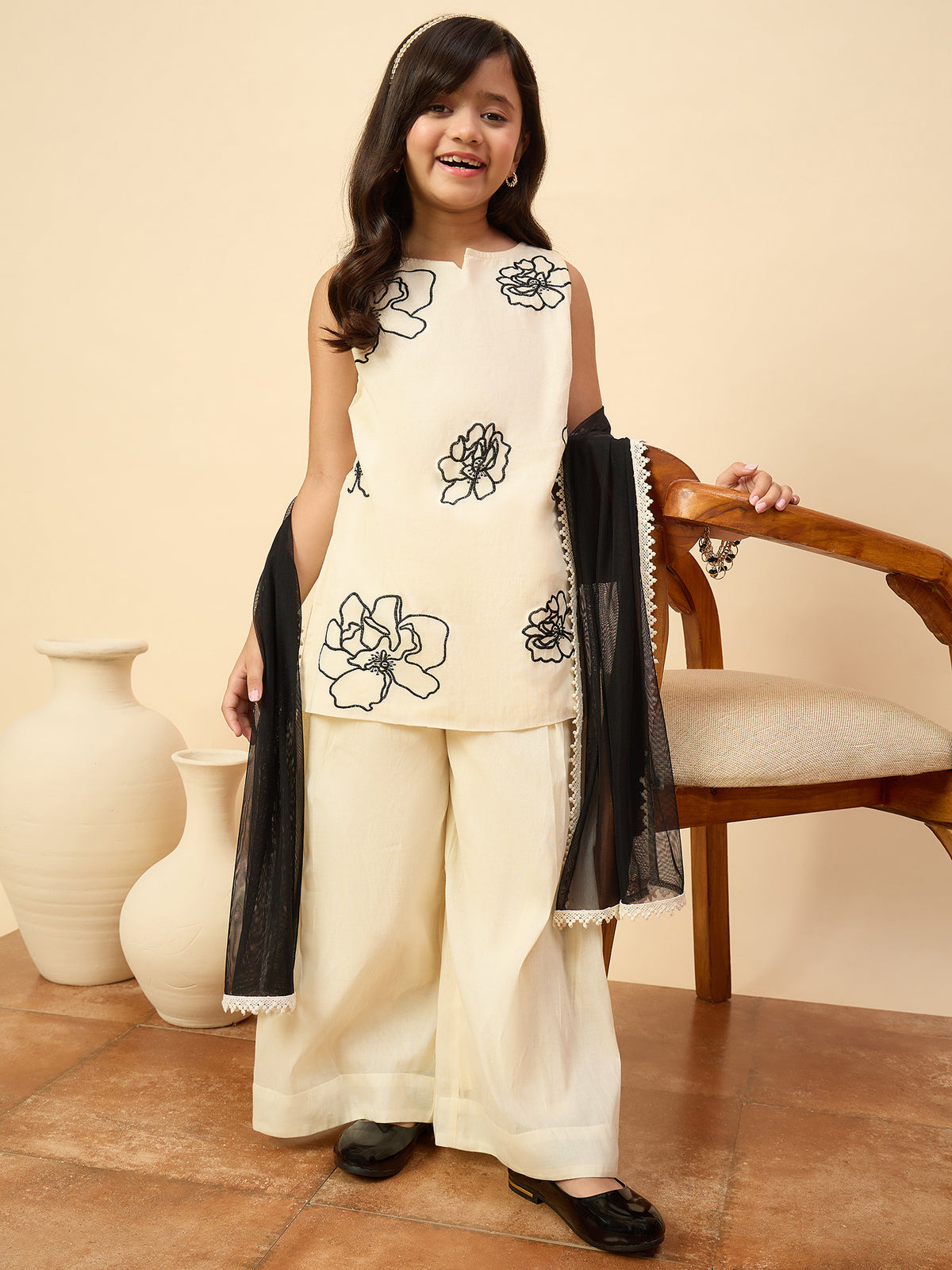 Girls Above Knee Embroidery Kurti Set - Off-White