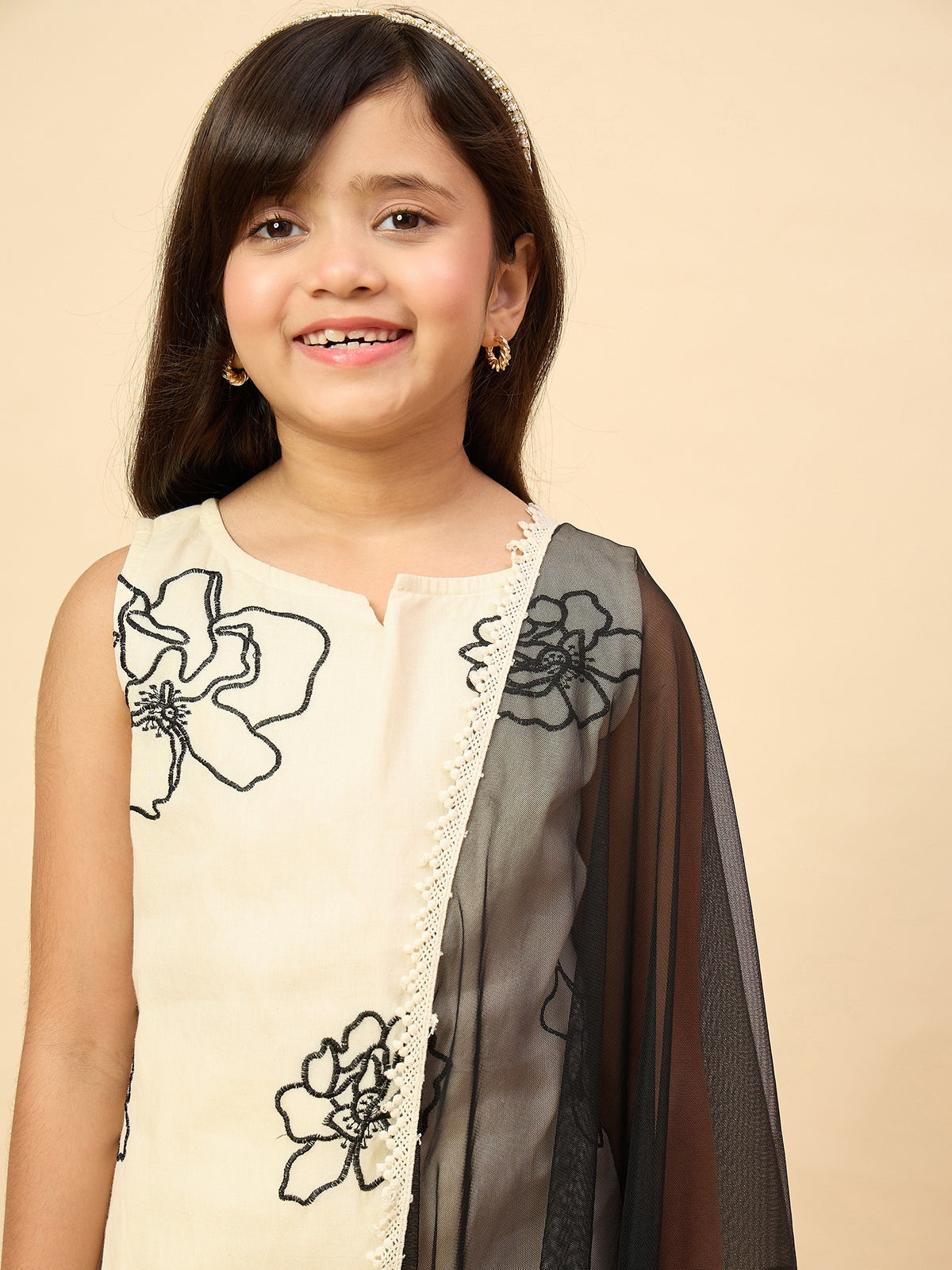Girls Above Knee Embroidery Kurti Set - Off-White