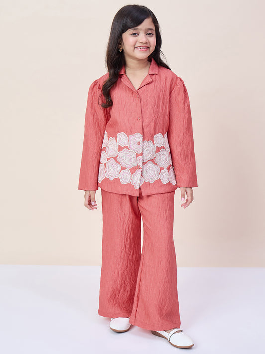 Girls Hip Length Embroidery Top With Pants - Rust