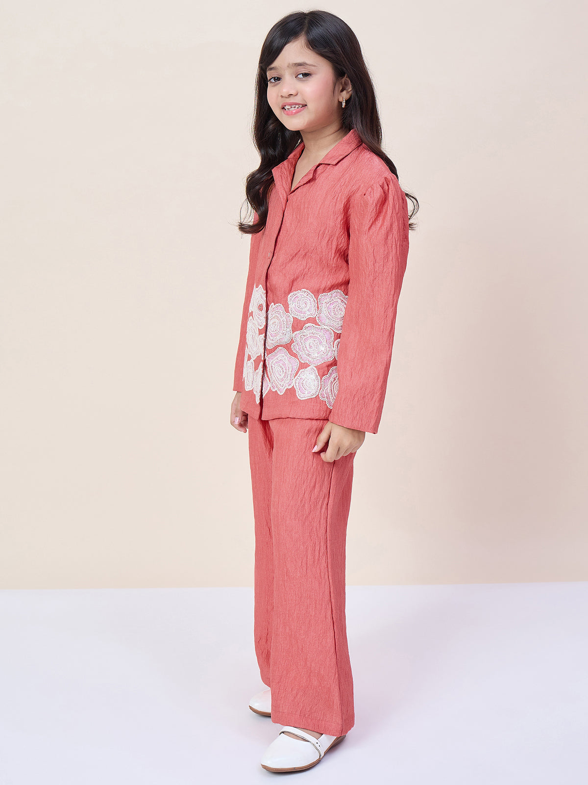 Girls Hip Length Embroidery Top With Pants - Rust