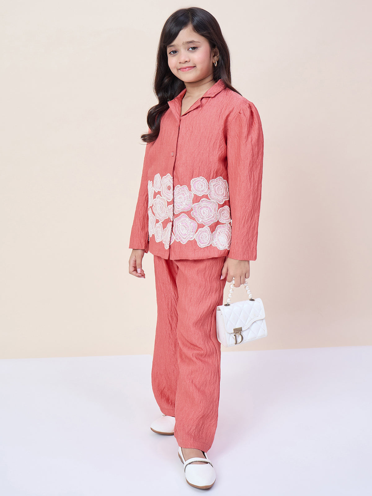 Girls Hip Length Embroidery Top With Pants - Rust