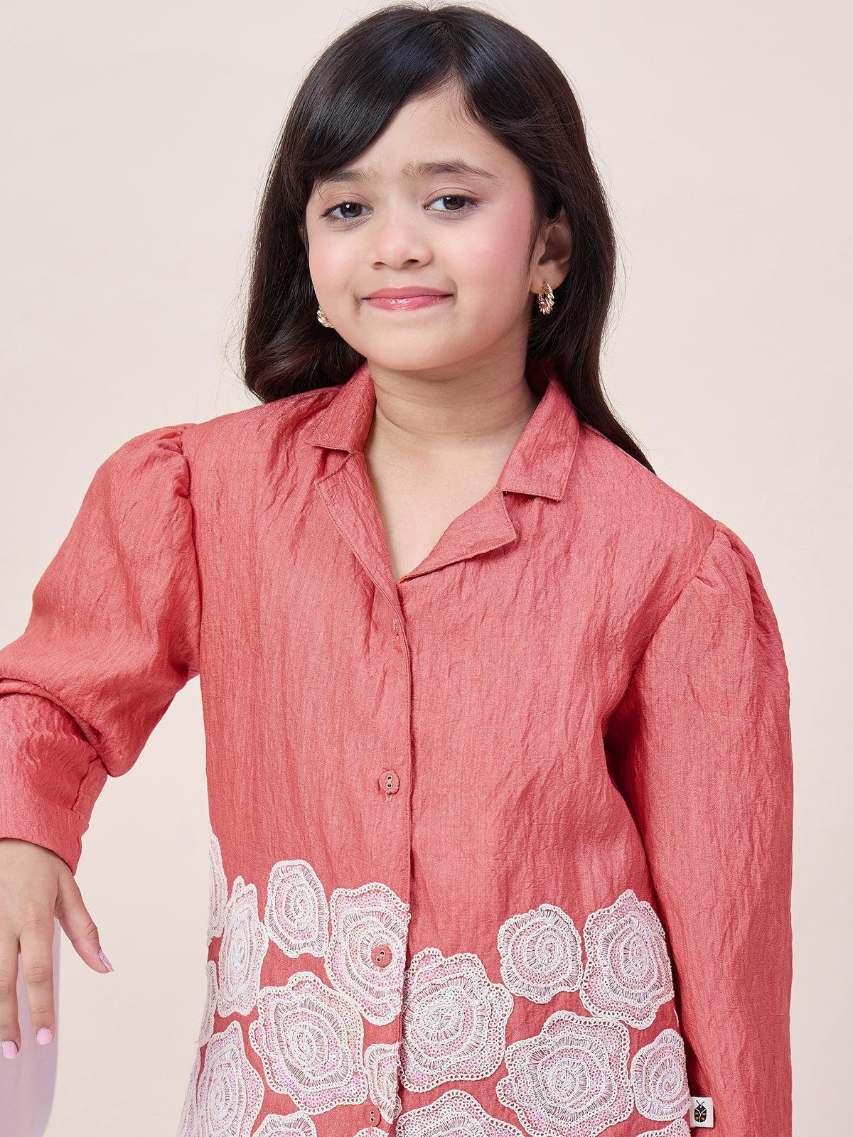 Girls Hip Length Embroidery Top With Pants - Rust
