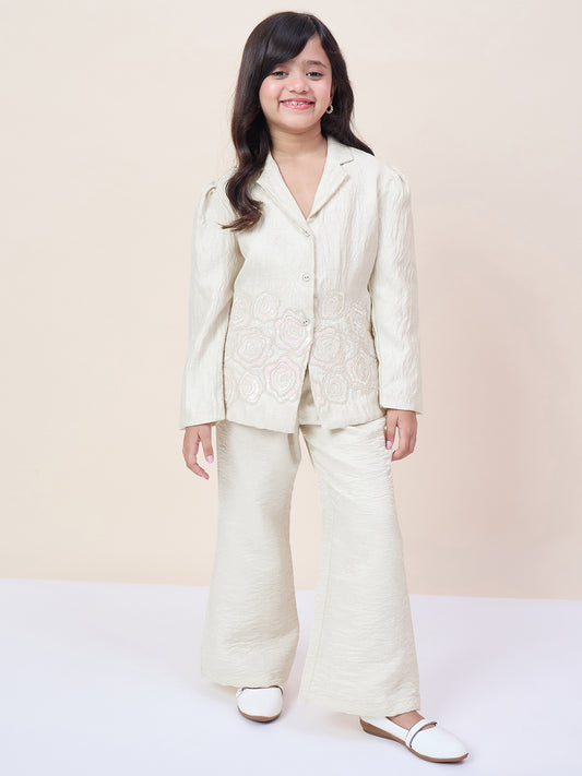 Girls Hip Length Embroidery Top With Pants - Off-White