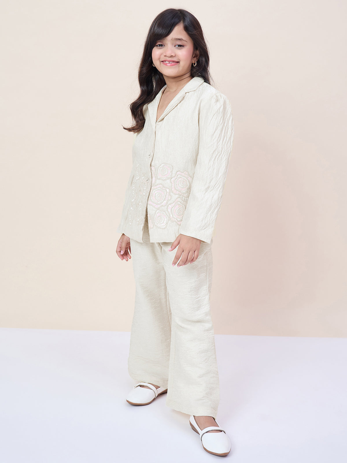 Girls Hip Length Embroidery Top With Pants - Off-White
