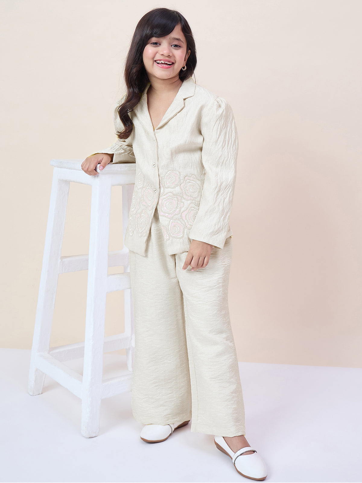 Girls Hip Length Embroidery Top With Pants - Off-White