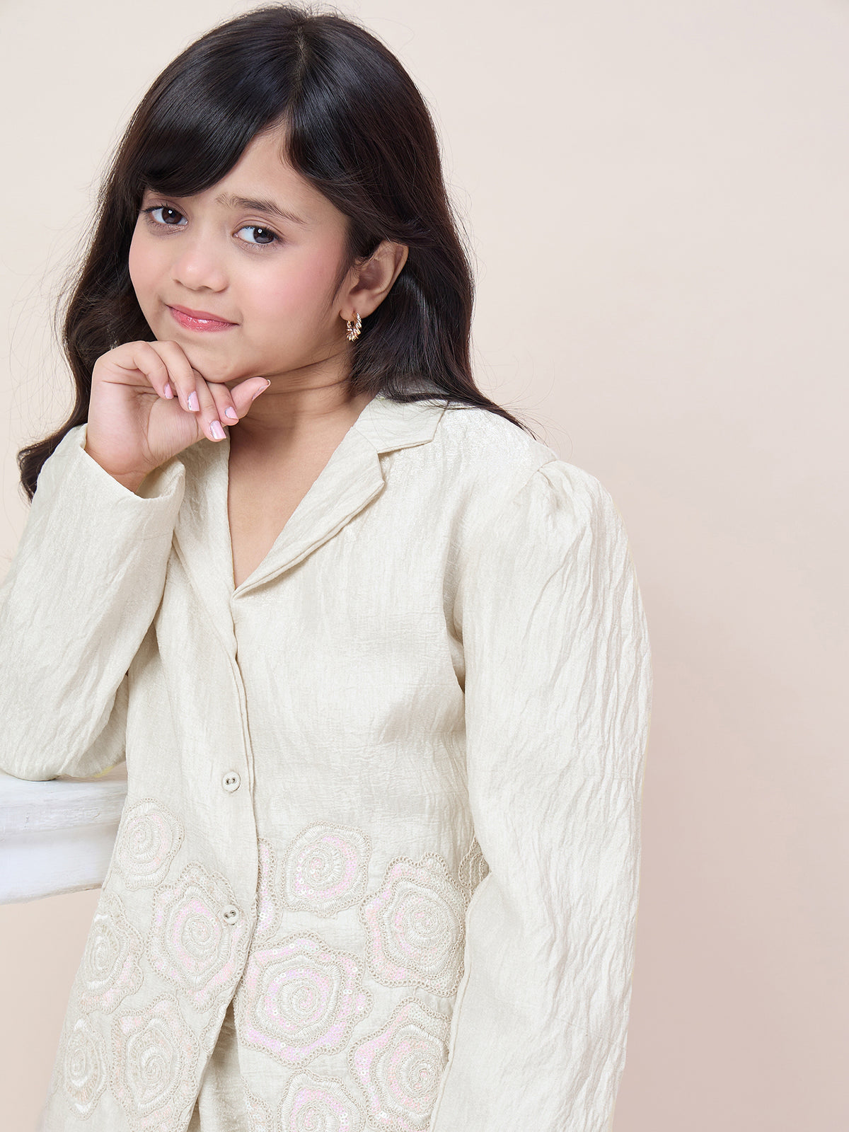 Girls Hip Length Embroidery Top With Pants - Off-White