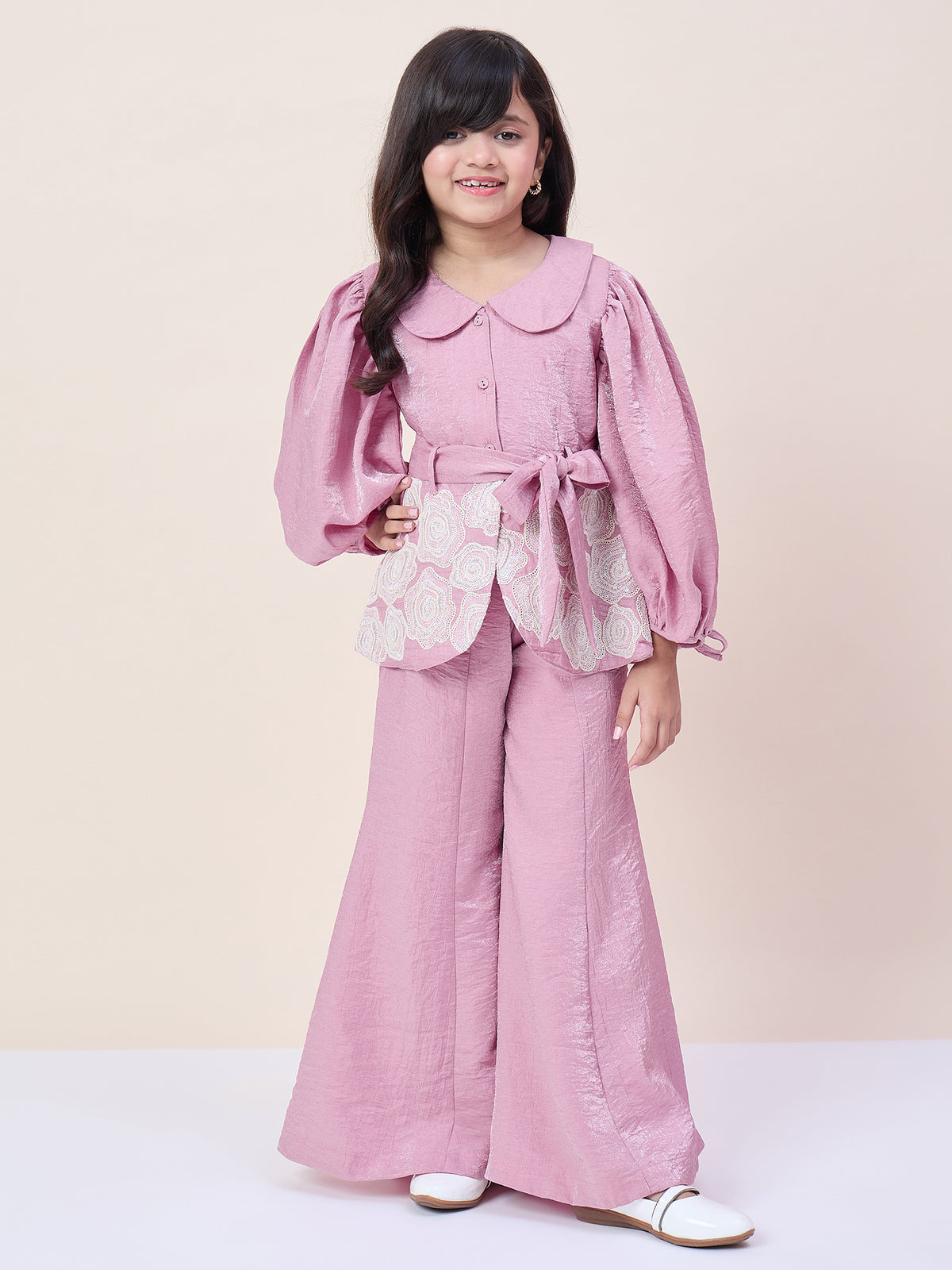 Girls Hip Length Embroidery Top With Pants - Lavender