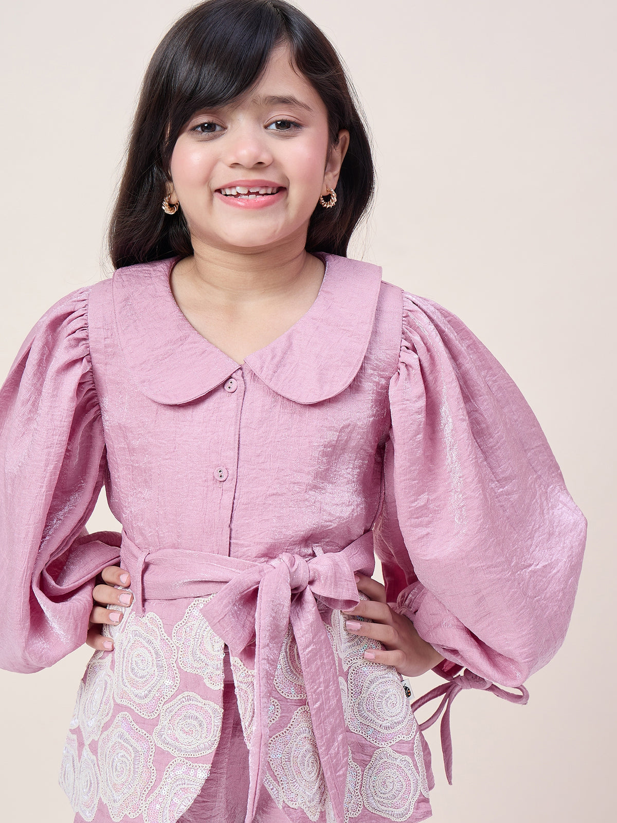 Girls Hip Length Embroidery Top With Pants - Lavender