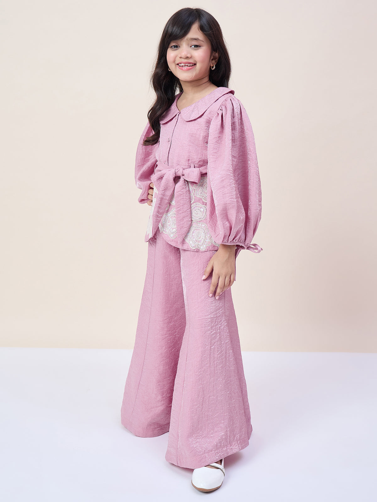 Girls Hip Length Embroidery Top With Pants - Lavender