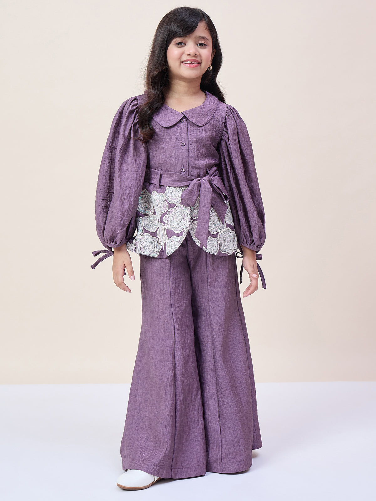 Girls Hip Length Embroidery Top With Pants - Purple