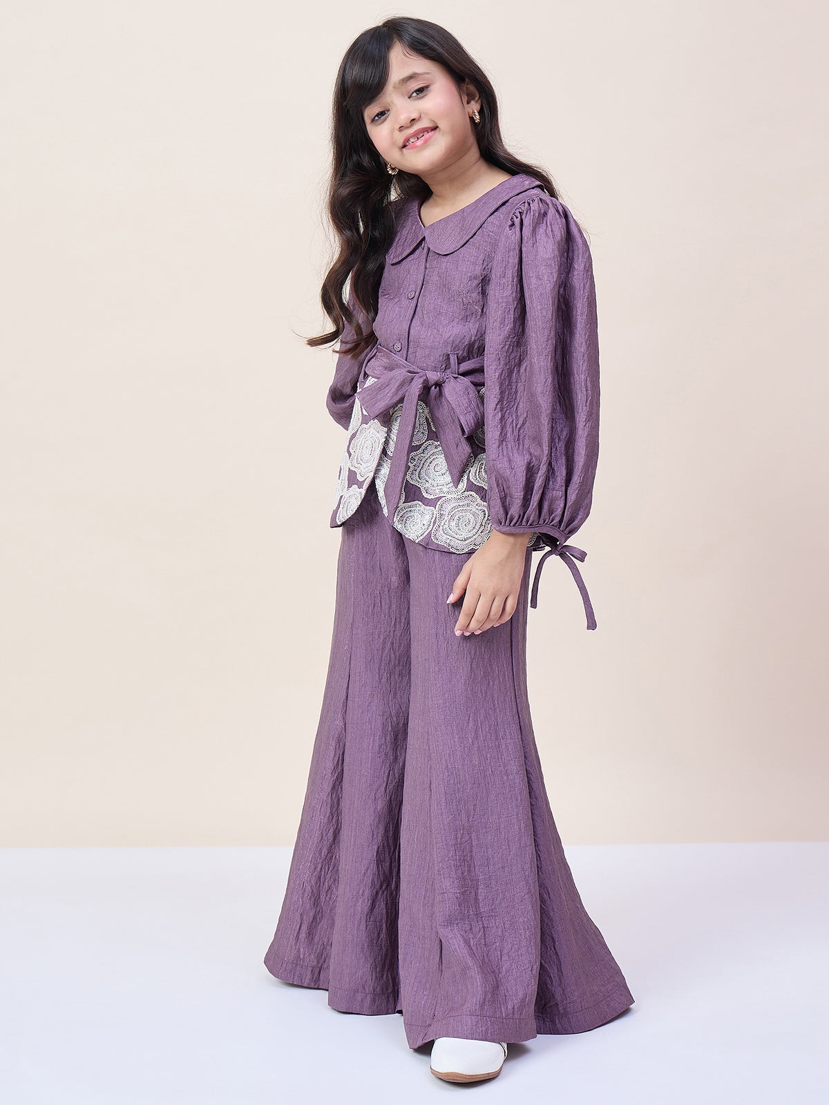 Girls Hip Length Embroidery Top With Pants - Purple