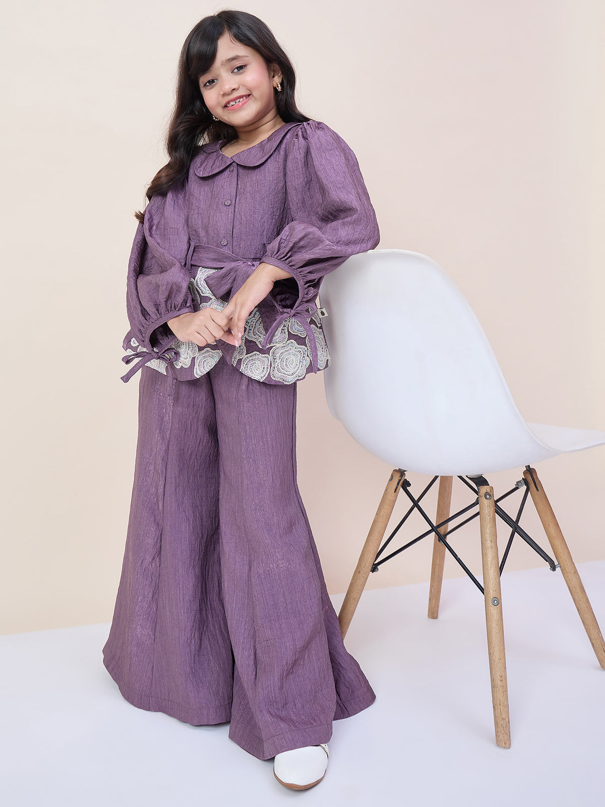 Girls Hip Length Embroidery Top With Pants - Purple