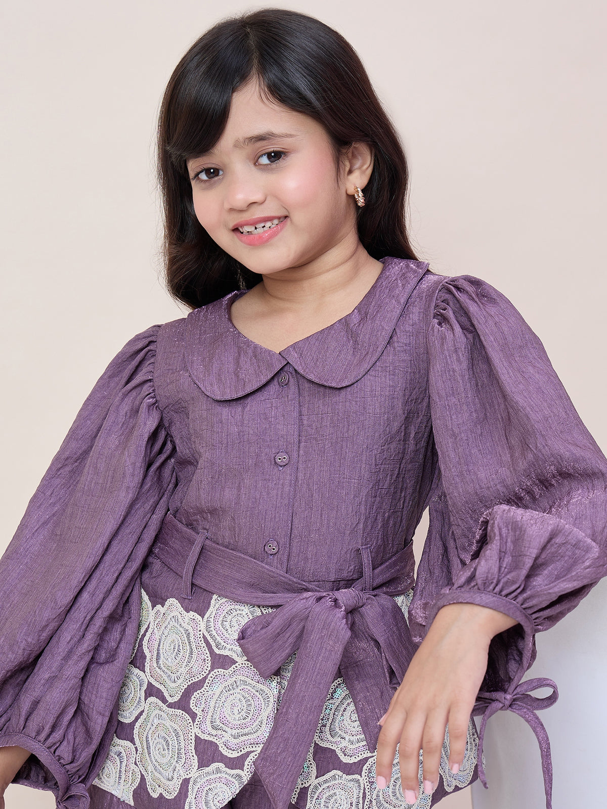 Girls Hip Length Embroidery Top With Pants - Purple