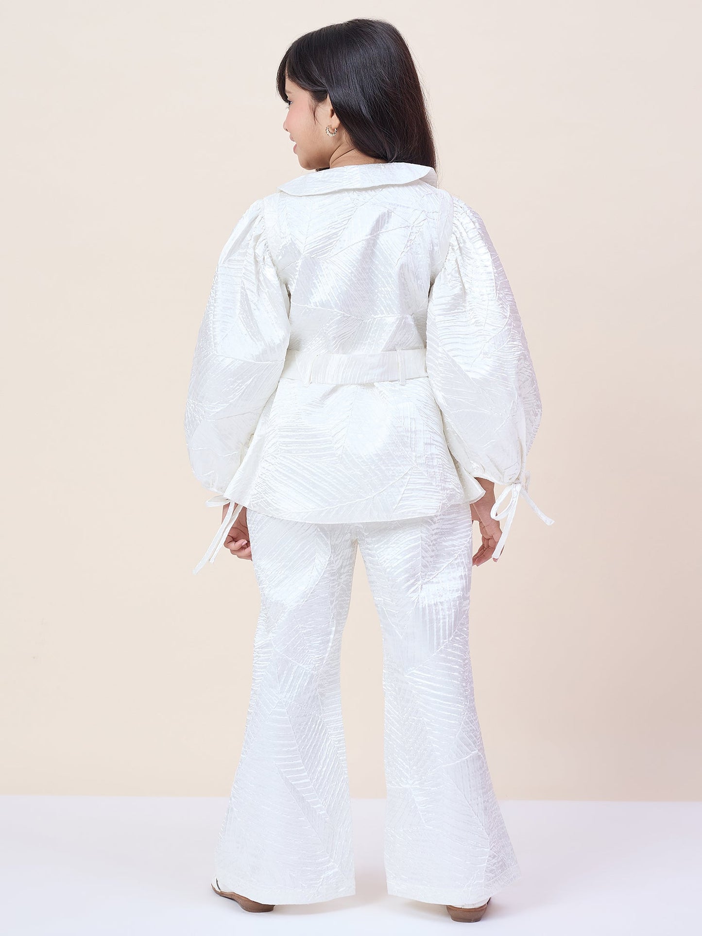 Girls Hip Length Solid Top With Pants - White