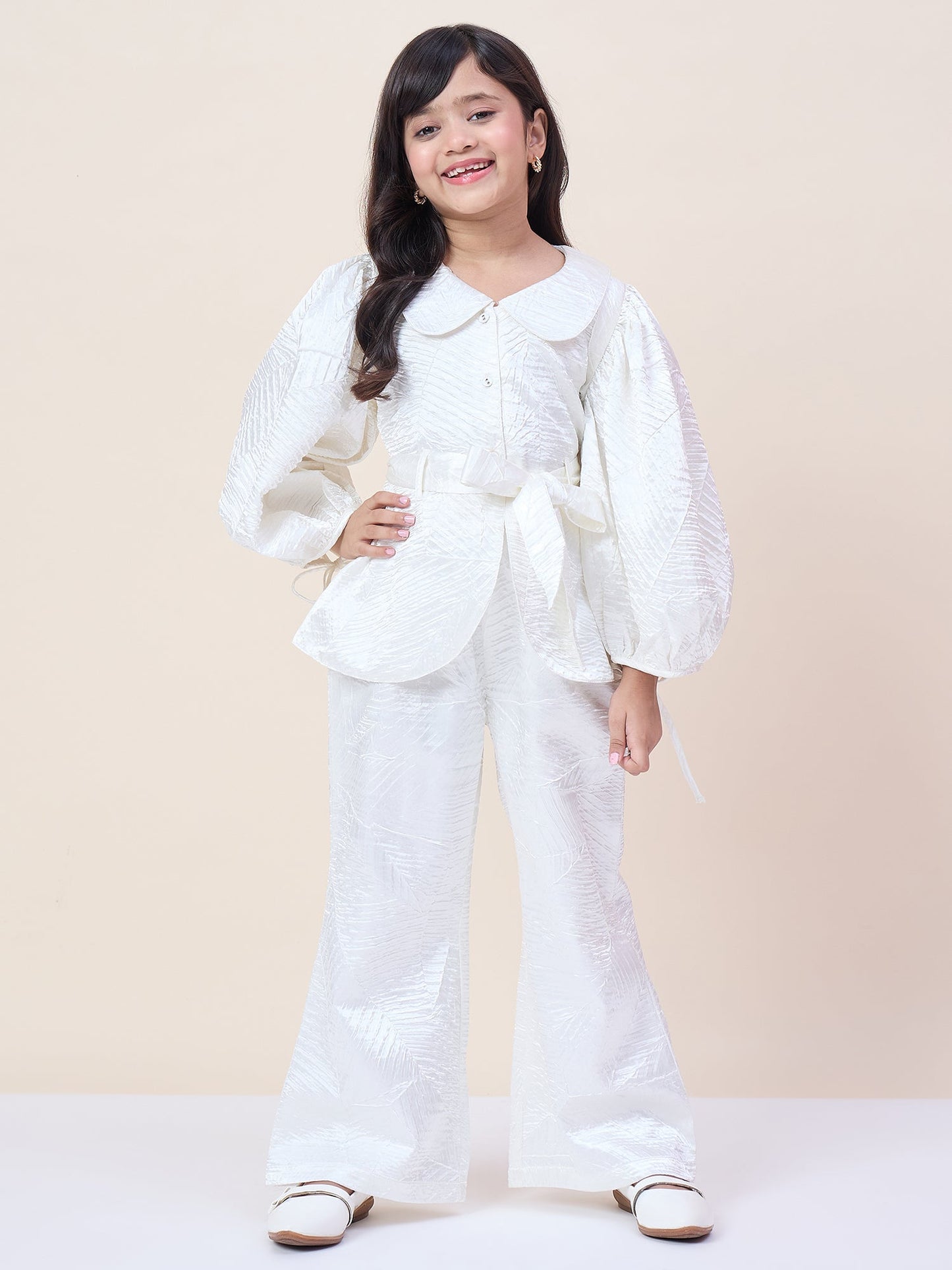Girls Hip Length Solid Top With Pants - White