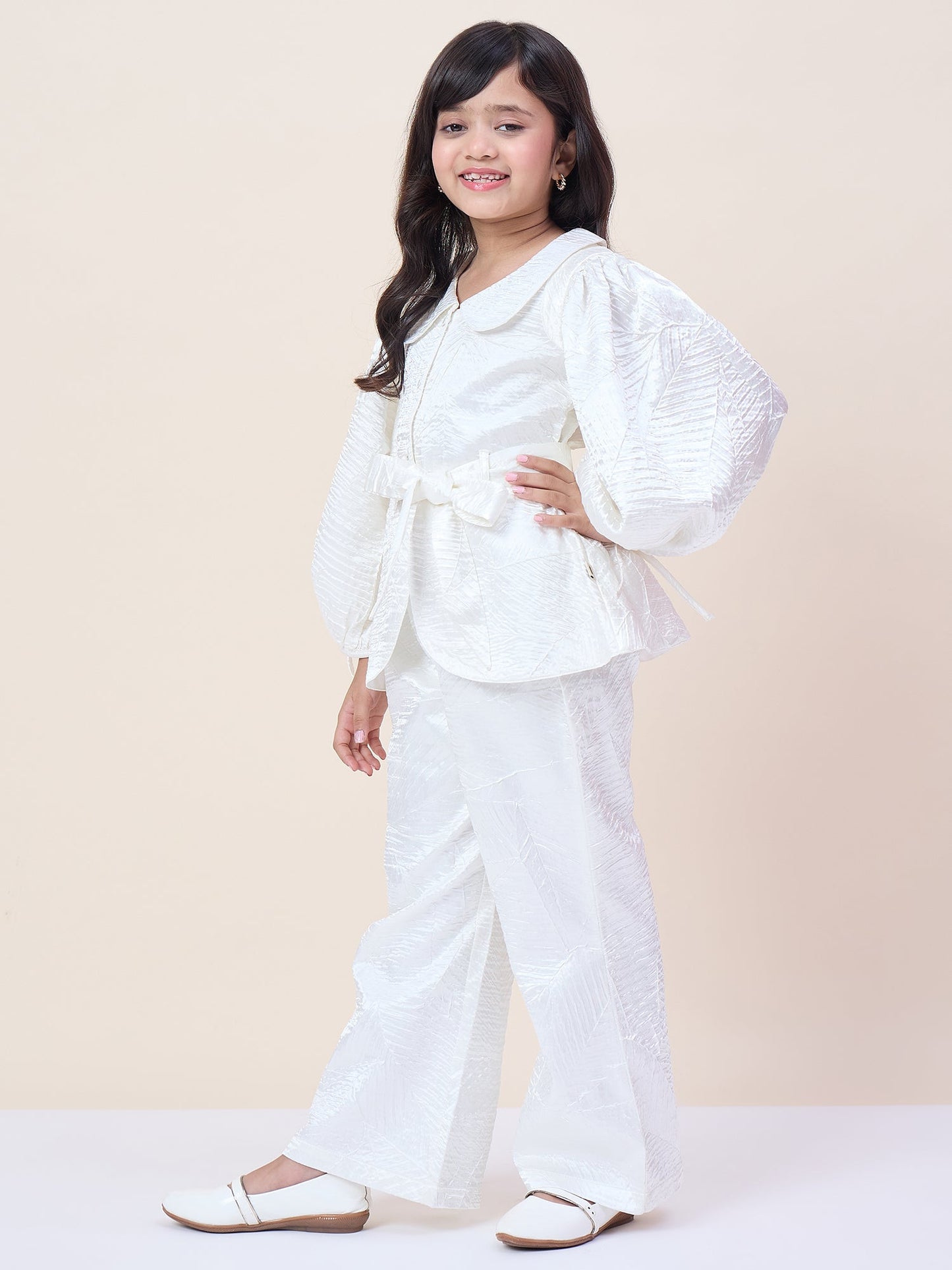 Girls Hip Length Solid Top With Pants - White